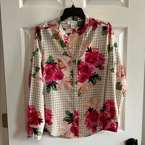 Calvin Klein Pink and Tan Checked and Floral Blouse